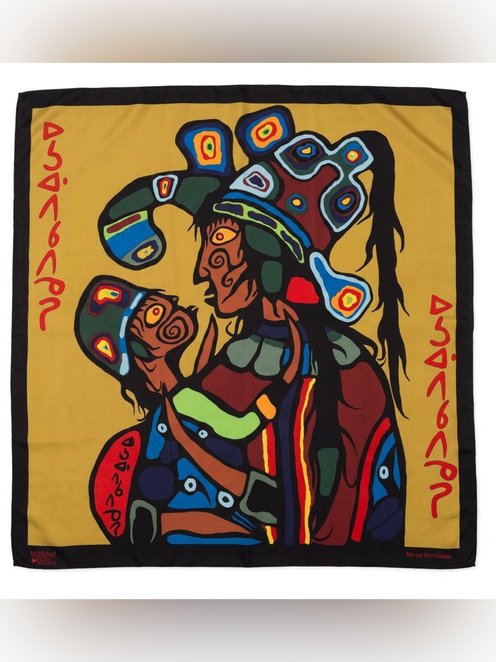 Silk Art Print Scarf in Mustard with Multicolor Motif